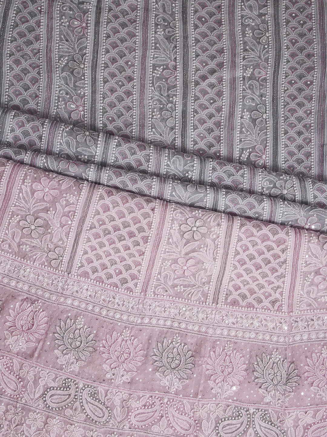 Ada Hand Embroidered Grey And Pink Ombre shade Georgette Lucknowi Chikankari Semi-Stitched Anarkali Kurta Dupatta Set With Cutdana Work 01A412475