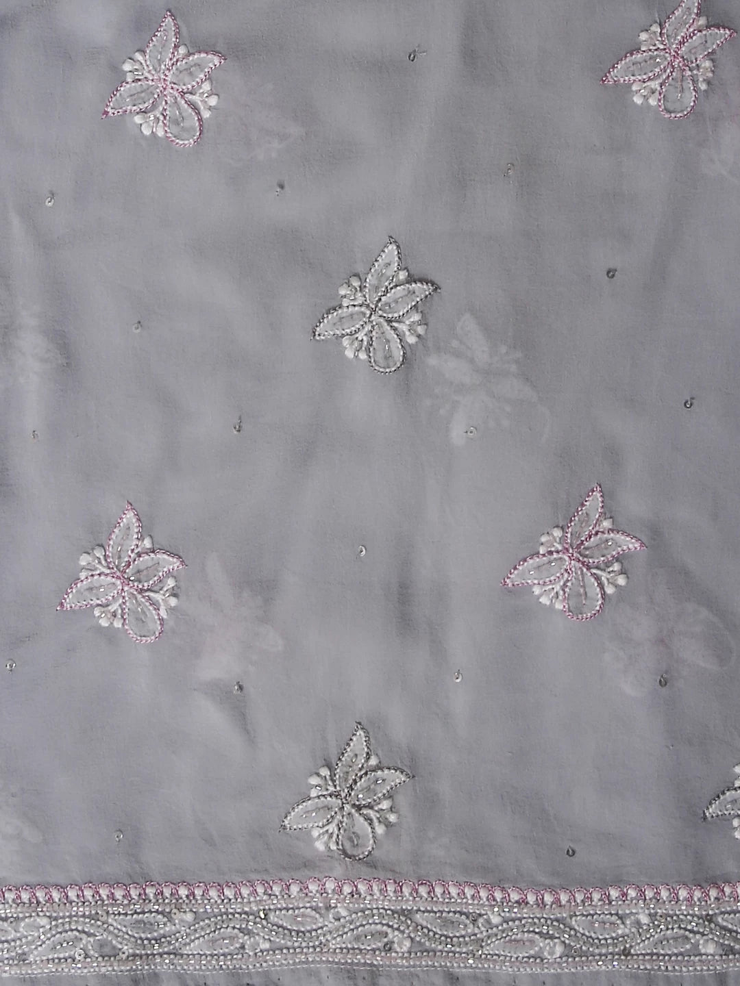 Ada Hand Embroidered Grey And Pink Ombre shade Georgette Lucknowi Chikankari Semi-Stitched Anarkali Kurta Dupatta Set With Cutdana Work 01A412475
