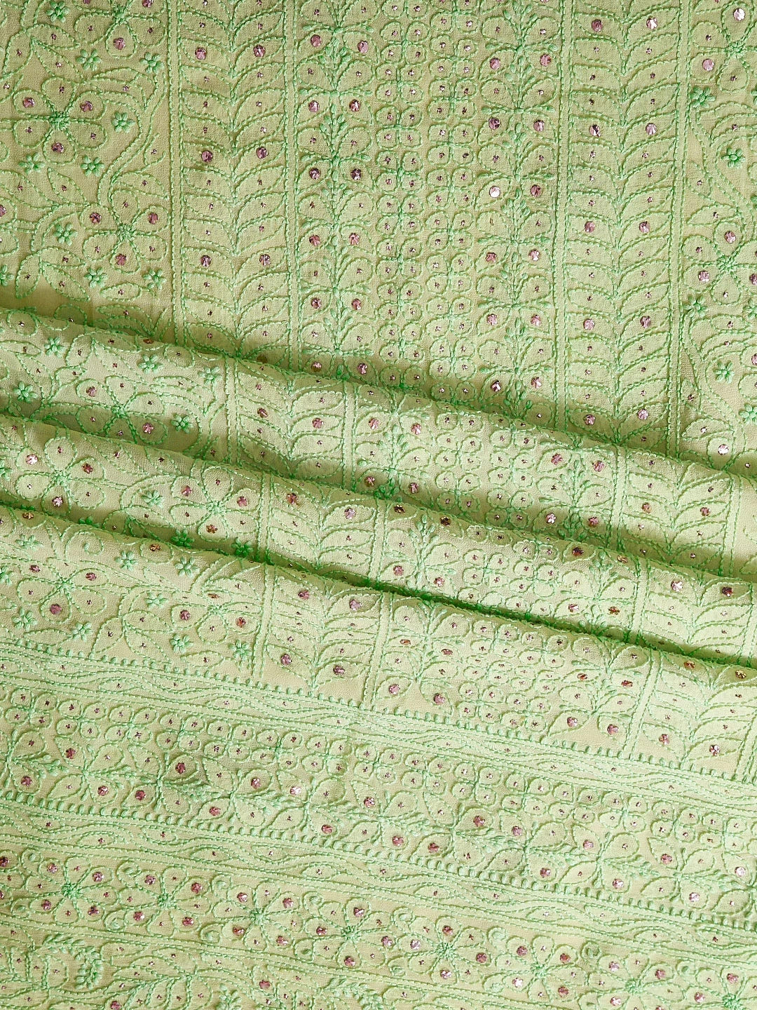Ada Hand Embroidered Lime Green Viscose Georgette Lucknowi Chikankari Unstitched Kurta Dupatta Set With Muqaish Work 01A300331