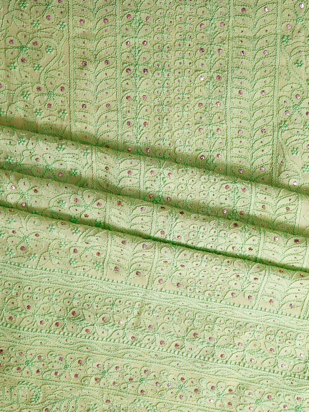 Ada Hand Embroidered Lime Green Viscose Georgette Lucknowi Chikankari Unstitched Kurta Dupatta Set With Muqaish Work 01A300331