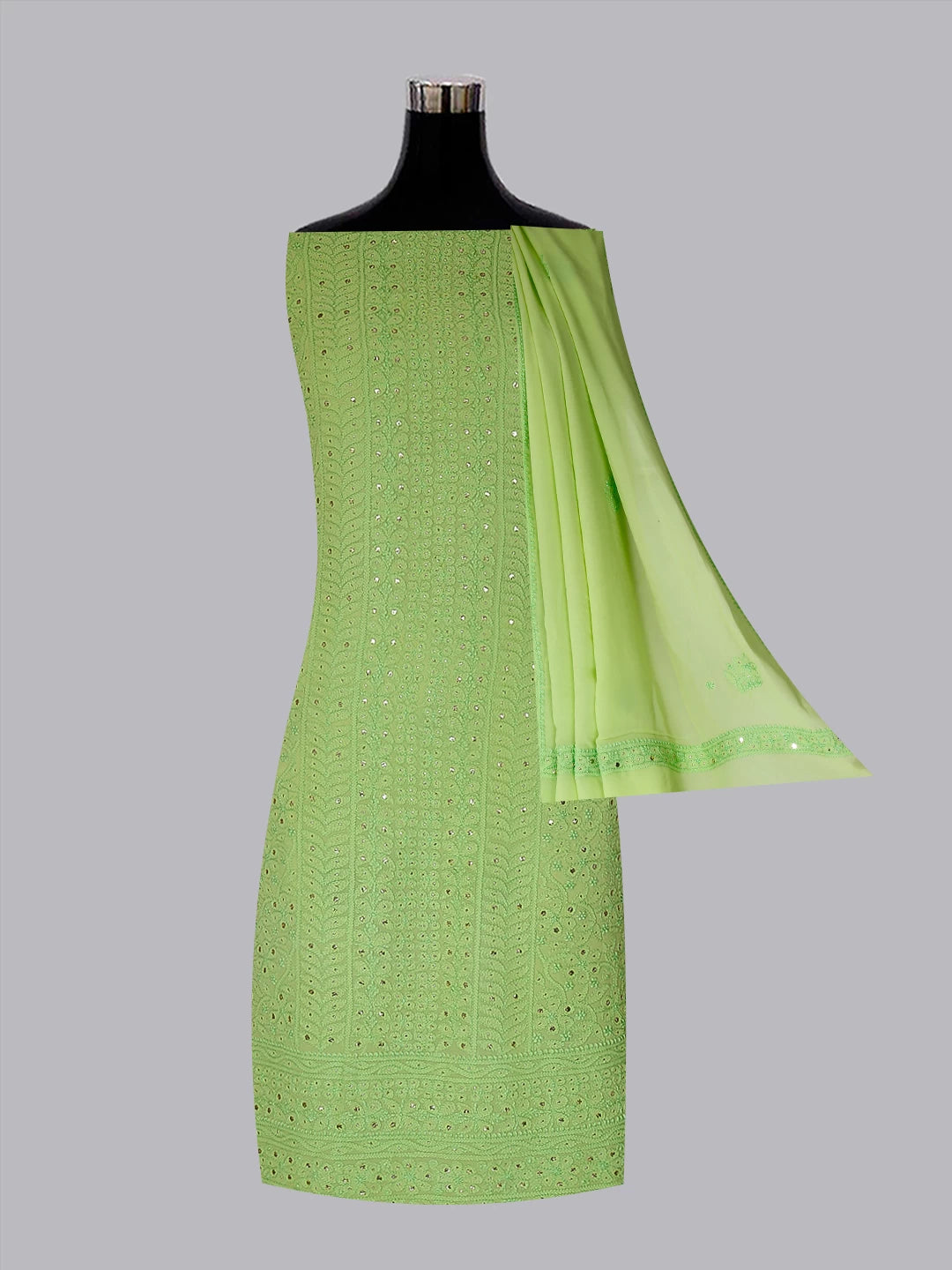 Ada Hand Embroidered Lime Green Viscose Georgette Lucknowi Chikankari Unstitched Kurta Dupatta Set With Muqaish Work 01A300331