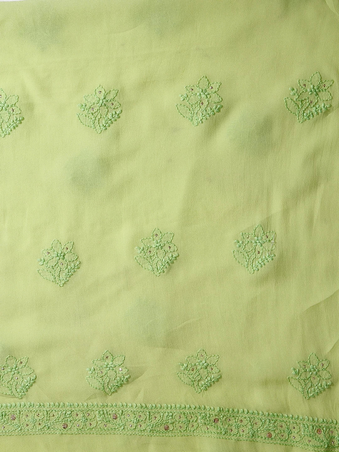 Ada Hand Embroidered Lime Green Viscose Georgette Lucknowi Chikankari Unstitched Kurta Dupatta Set With Muqaish Work 01A300331