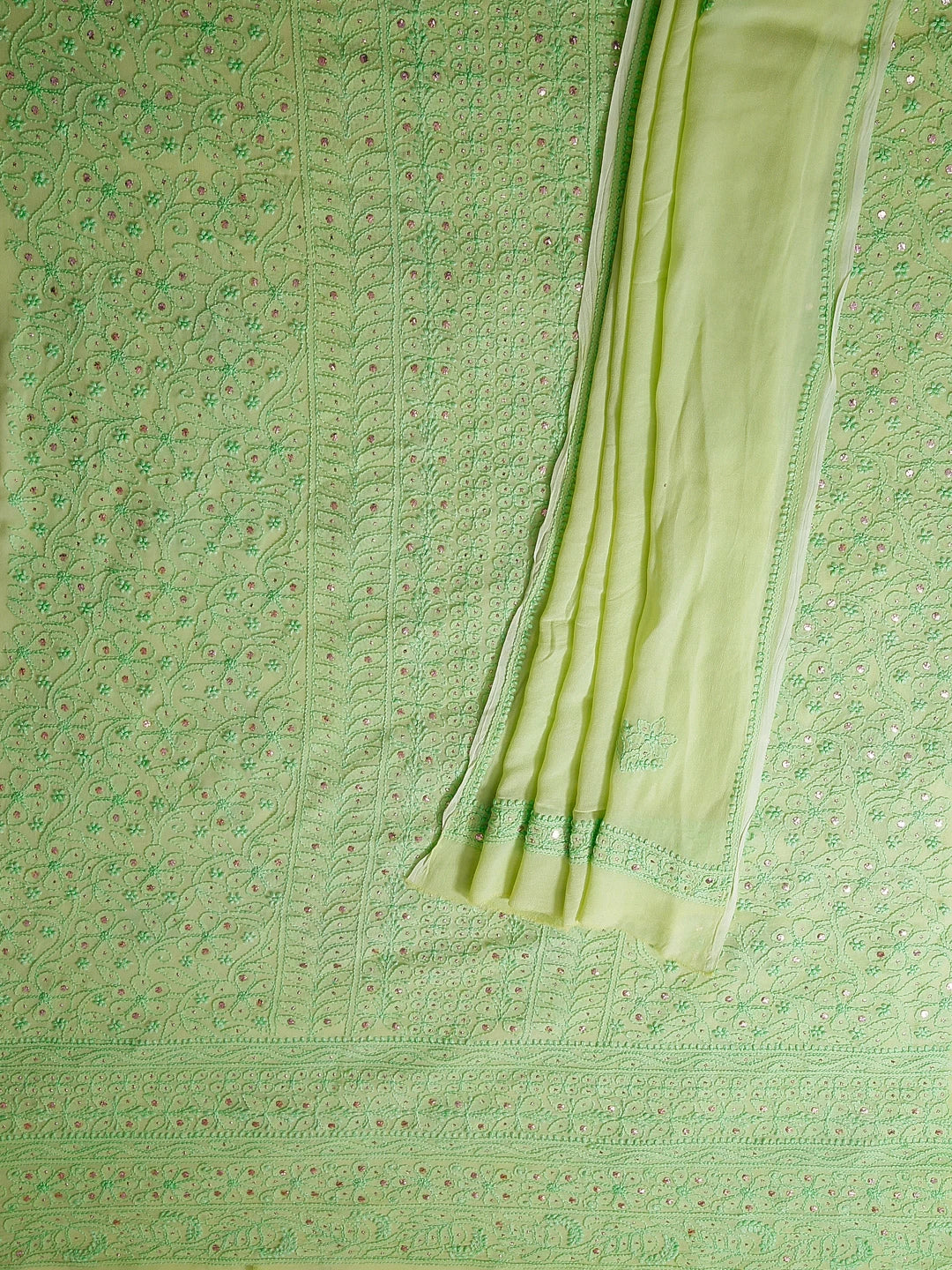 Ada Hand Embroidered Lime Green Viscose Georgette Lucknowi Chikankari Unstitched Kurta Dupatta Set With Muqaish Work 01A300331