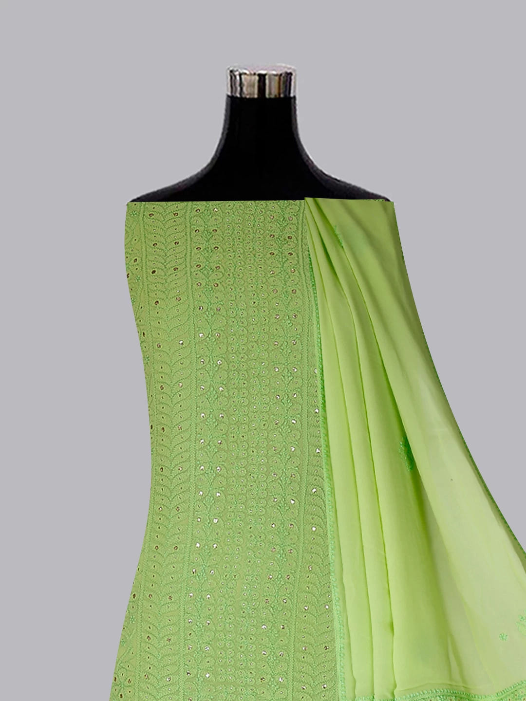 Ada Hand Embroidered Lime Green Viscose Georgette Lucknowi Chikankari Unstitched Kurta Dupatta Set With Muqaish Work 01A300331