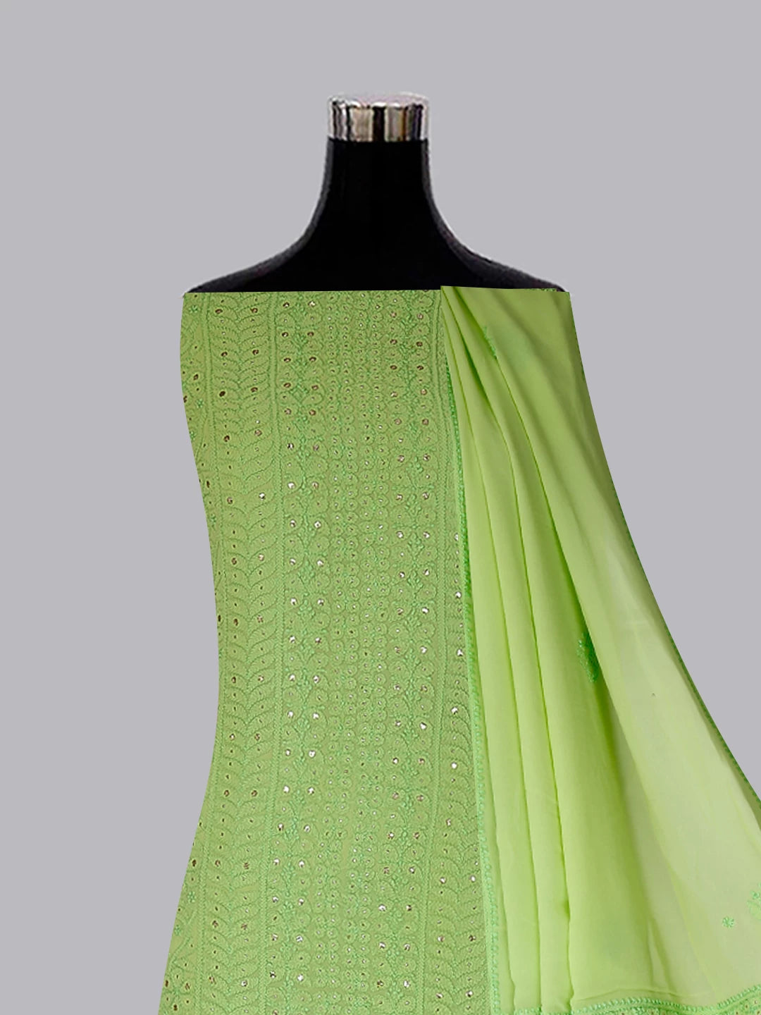 Ada Hand Embroidered Lime Green Viscose Georgette Lucknowi Chikankari Unstitched Kurta Dupatta Set With Muqaish Work 01A300331