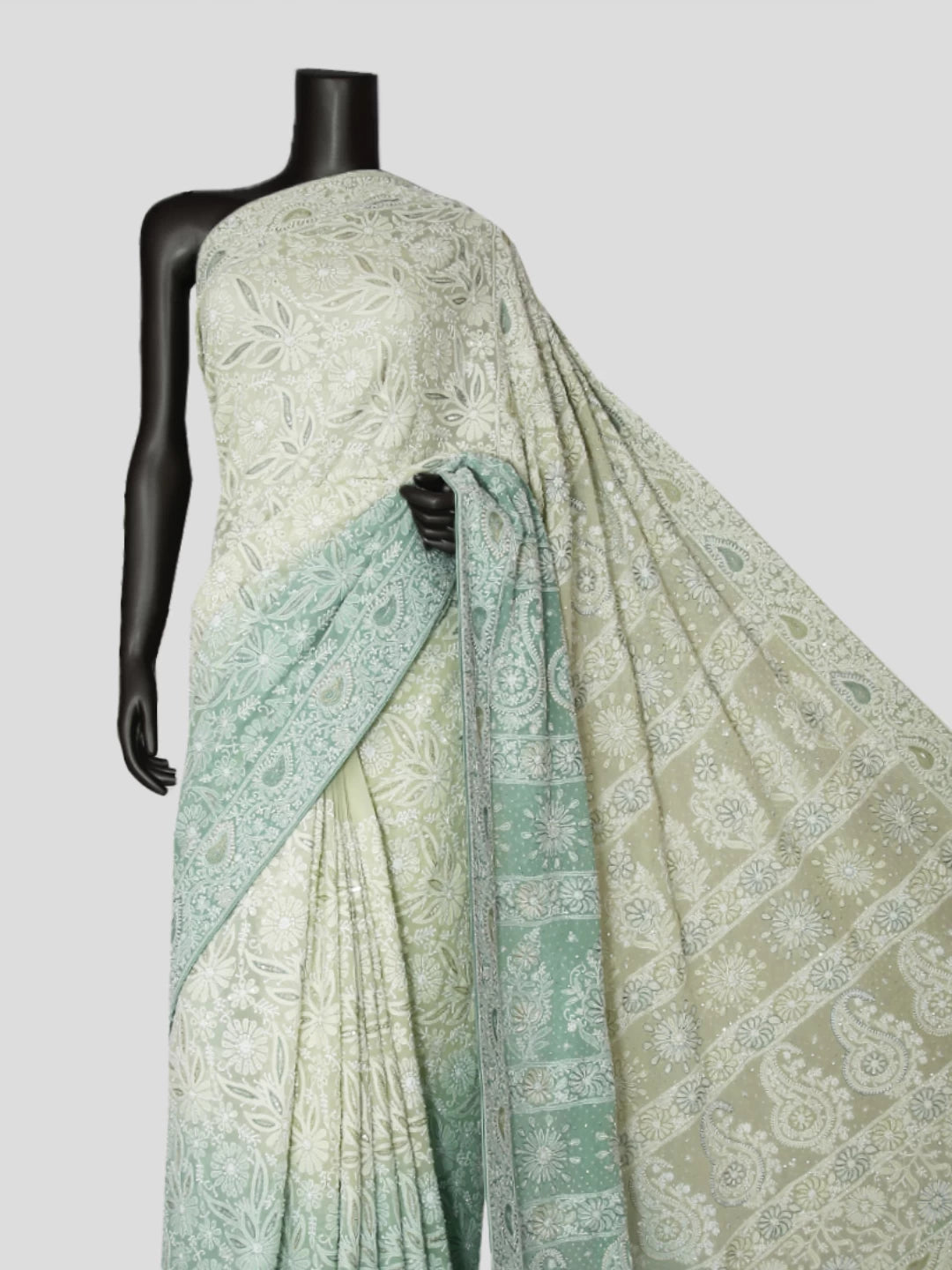 Ada Hand Embroidered Sage Green Ombre Shade Georgette Lucknowi Chikankari Saree/Blouse With Cutdana Work 01A347731