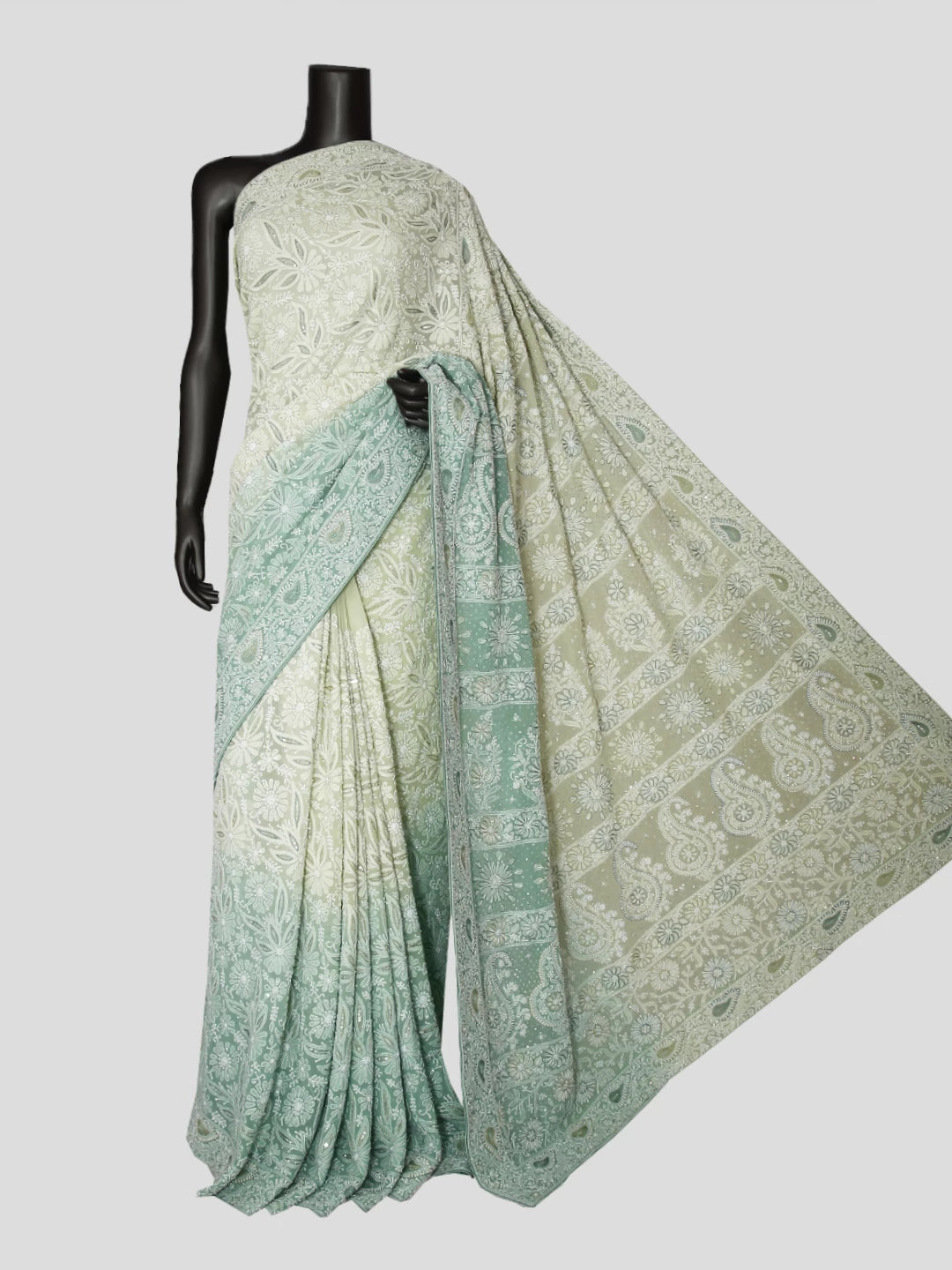 Ada Hand Embroidered Sage Green Ombre Shade Georgette Lucknowi Chikankari Saree/Blouse With Cutdana Work 01A347731