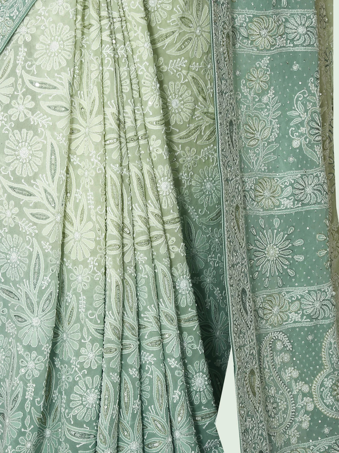 Ada Hand Embroidered Sage Green Ombre Shade Georgette Lucknowi Chikankari Saree/Blouse With Cutdana Work 01A347731
