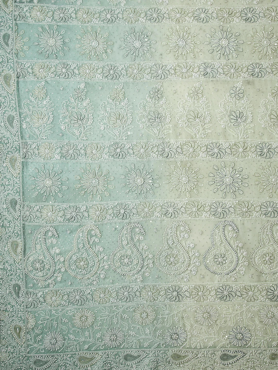 Ada Hand Embroidered Sage Green Ombre Shade Georgette Lucknowi Chikankari Saree/Blouse With Cutdana Work 01A347731