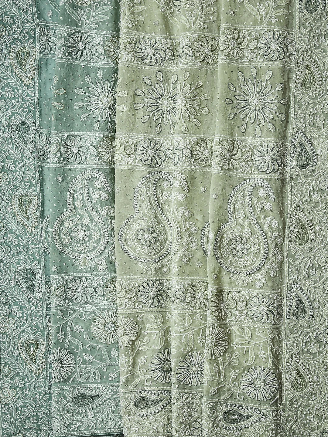 Ada Hand Embroidered Sage Green Ombre Shade Georgette Lucknowi Chikankari Saree/Blouse With Cutdana Work 01A347731