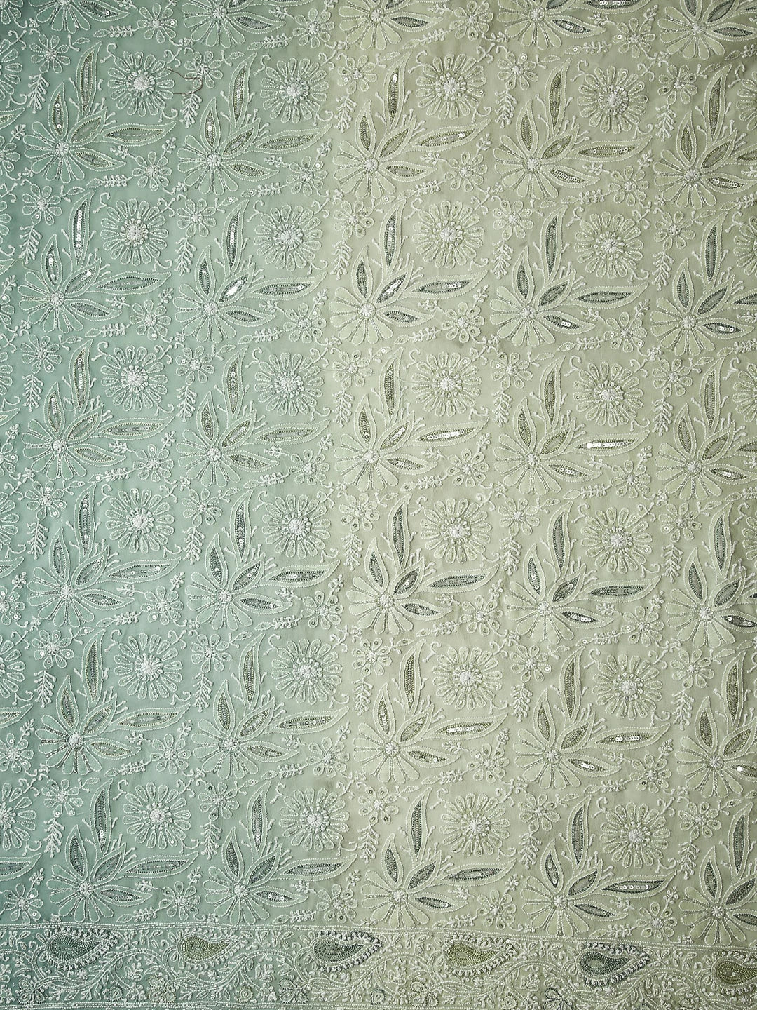 Ada Hand Embroidered Sage Green Ombre Shade Georgette Lucknowi Chikankari Saree/Blouse With Cutdana Work 01A347731
