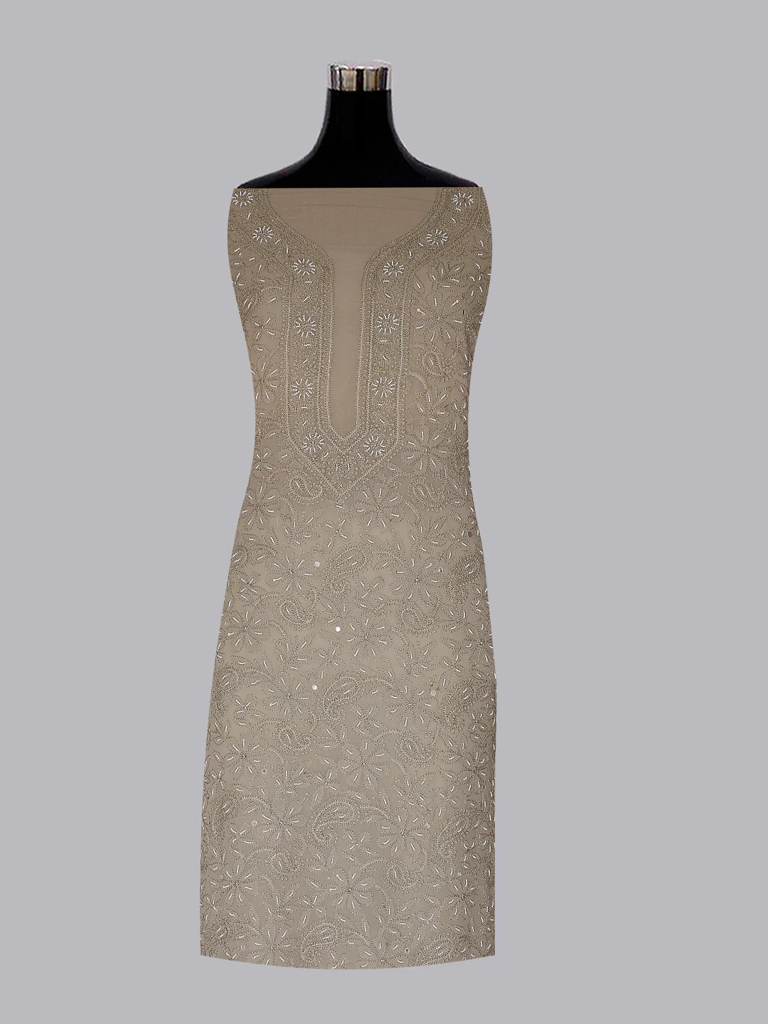Ada Hand Embroidered Taupe Brown Georgette Lucknowi Chikankari Unstitched Kurta Dupatta Set With Pearl Work 01A404843