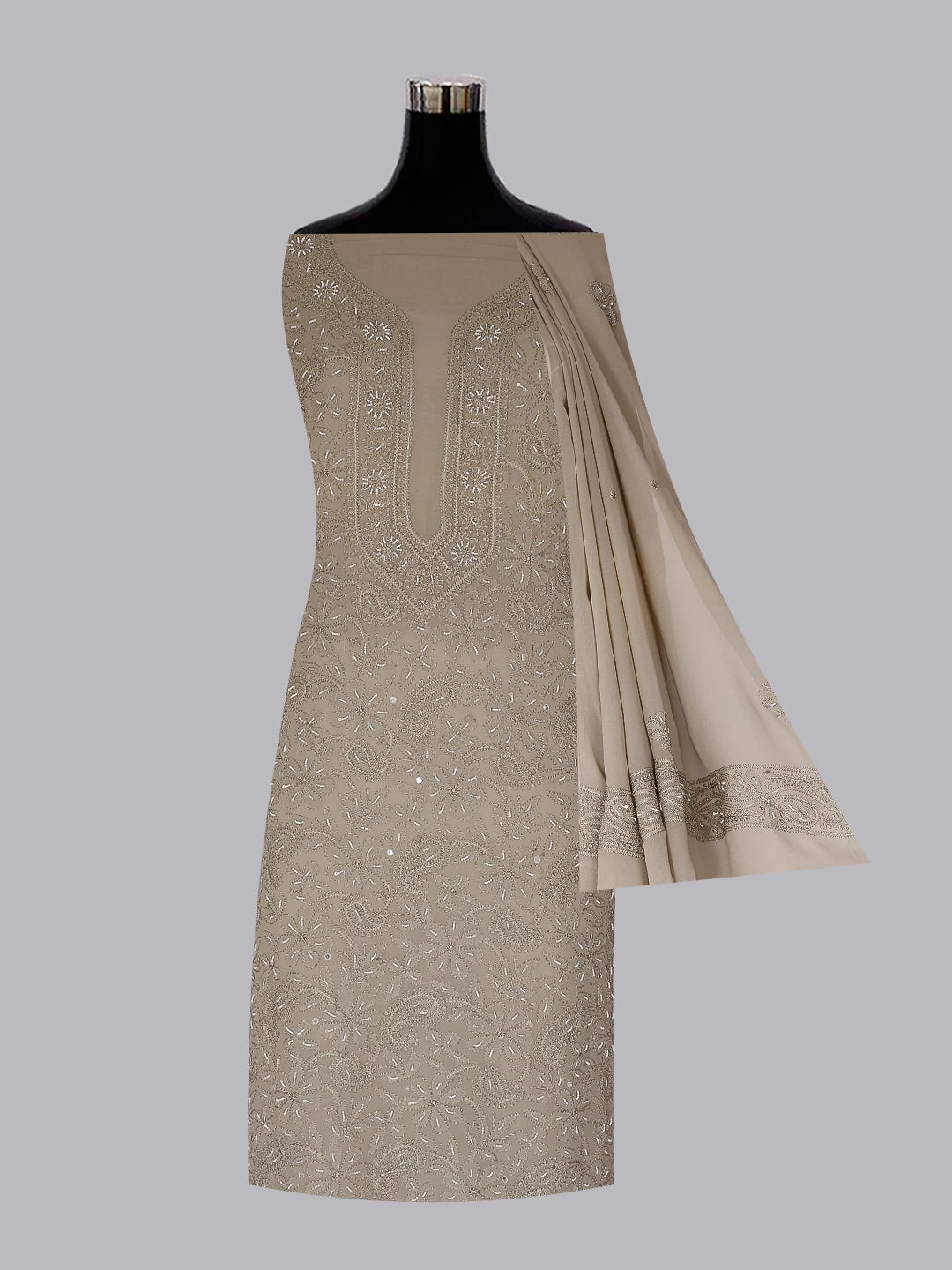 Ada Hand Embroidered Taupe Brown Georgette Lucknowi Chikankari Unstitched Kurta Dupatta Set With Pearl Work 01A404843