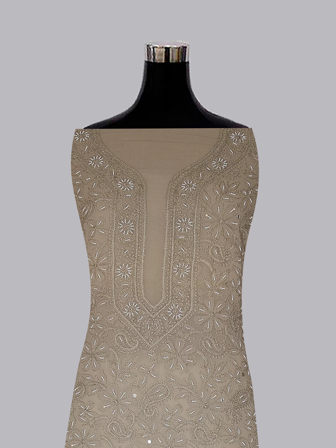 Ada Hand Embroidered Taupe Brown Georgette Lucknowi Chikankari Unstitched Kurta Dupatta Set With Pearl Work 01A404843