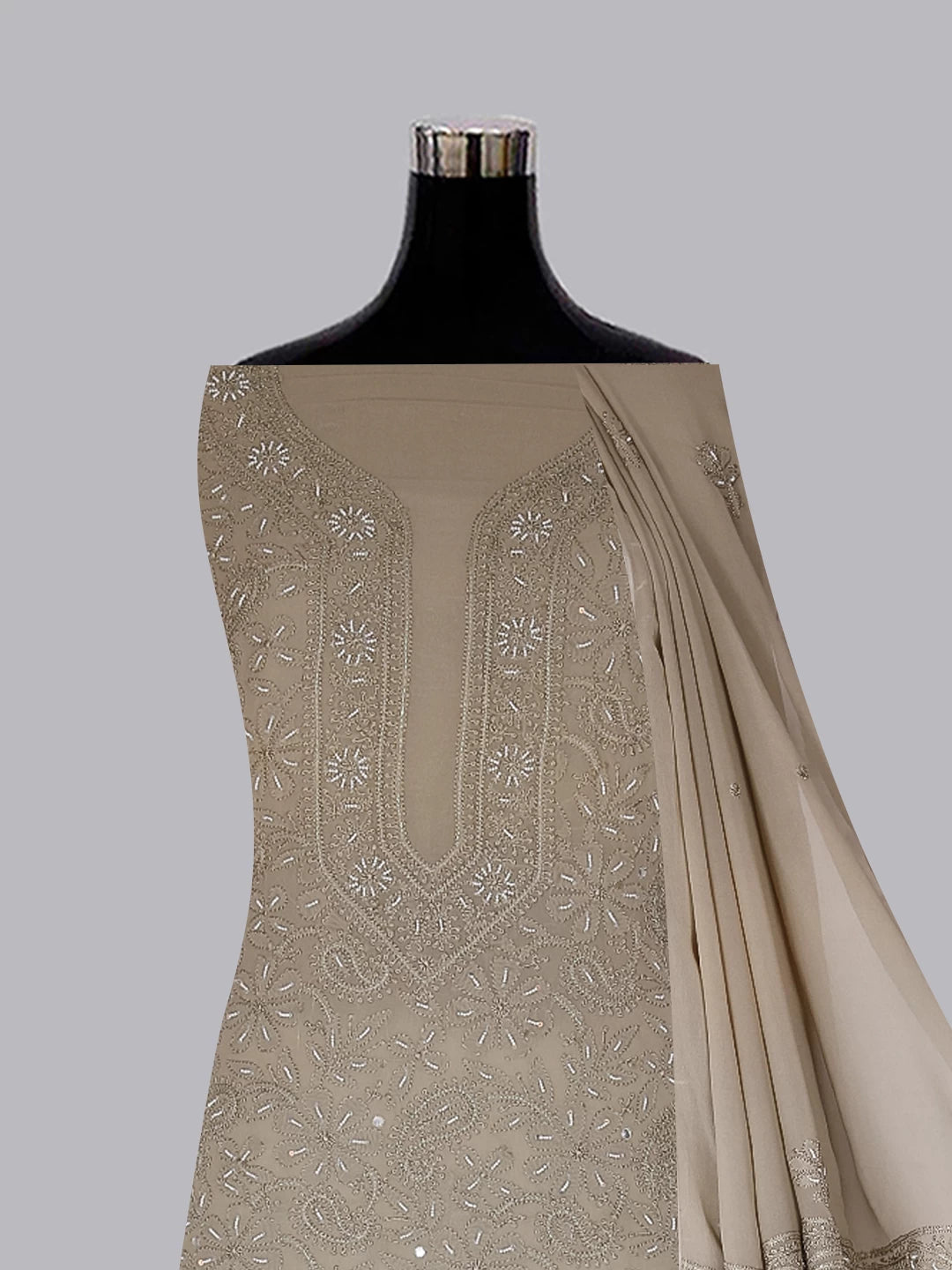 Ada Hand Embroidered Taupe Brown Georgette Lucknowi Chikankari Unstitched Kurta Dupatta Set With Pearl Work 01A404843