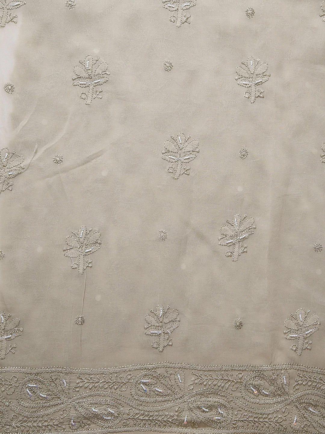 Ada Hand Embroidered Taupe Brown Georgette Lucknowi Chikankari Unstitched Kurta Dupatta Set With Pearl Work 01A404843