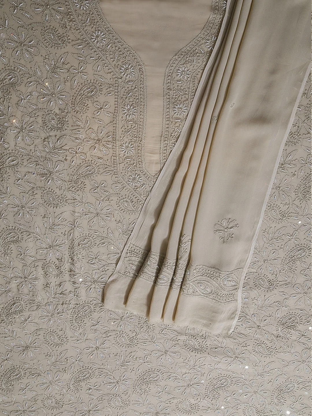 Ada Hand Embroidered Taupe Brown Georgette Lucknowi Chikankari Unstitched Kurta Dupatta Set With Pearl Work 01A404843