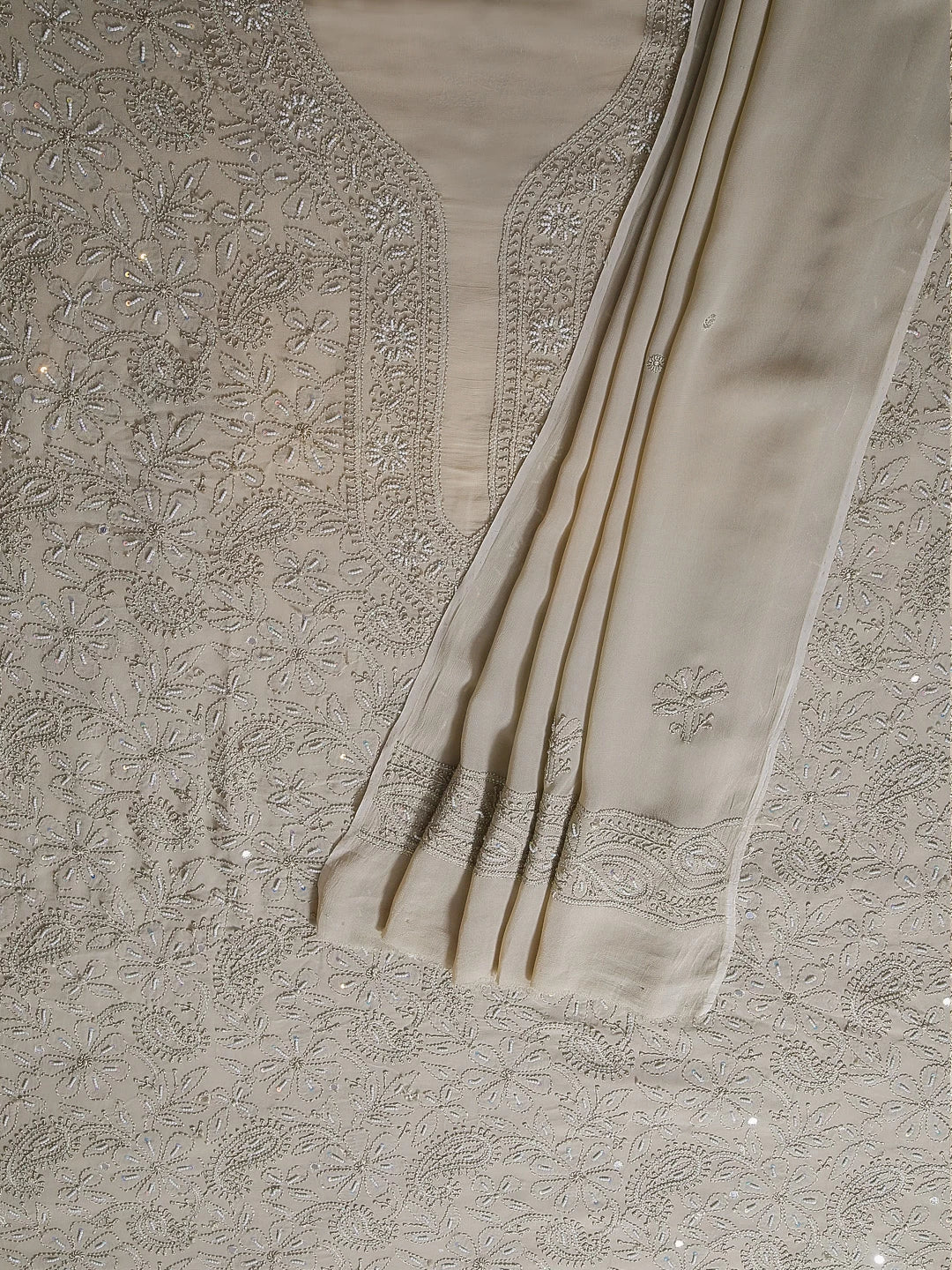 Ada Hand Embroidered Taupe Brown Georgette Lucknowi Chikankari Unstitched Kurta Dupatta Set With Pearl Work 01A404843
