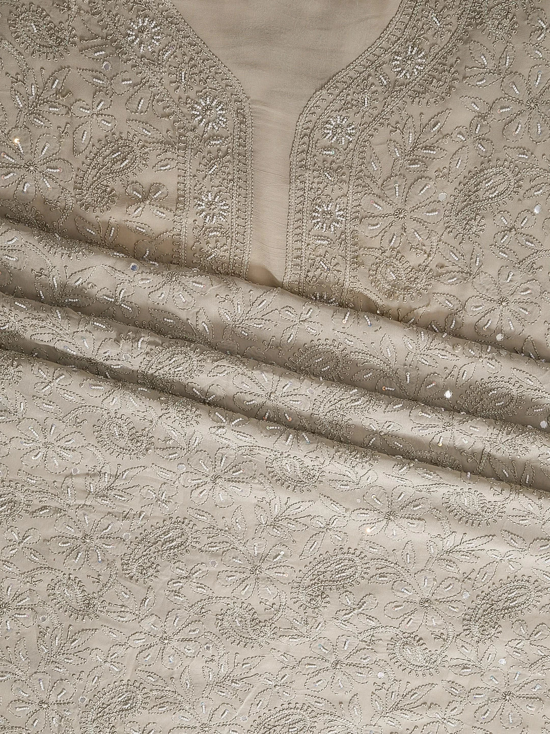 Ada Hand Embroidered Taupe Brown Georgette Lucknowi Chikankari Unstitched Kurta Dupatta Set With Pearl Work 01A404843