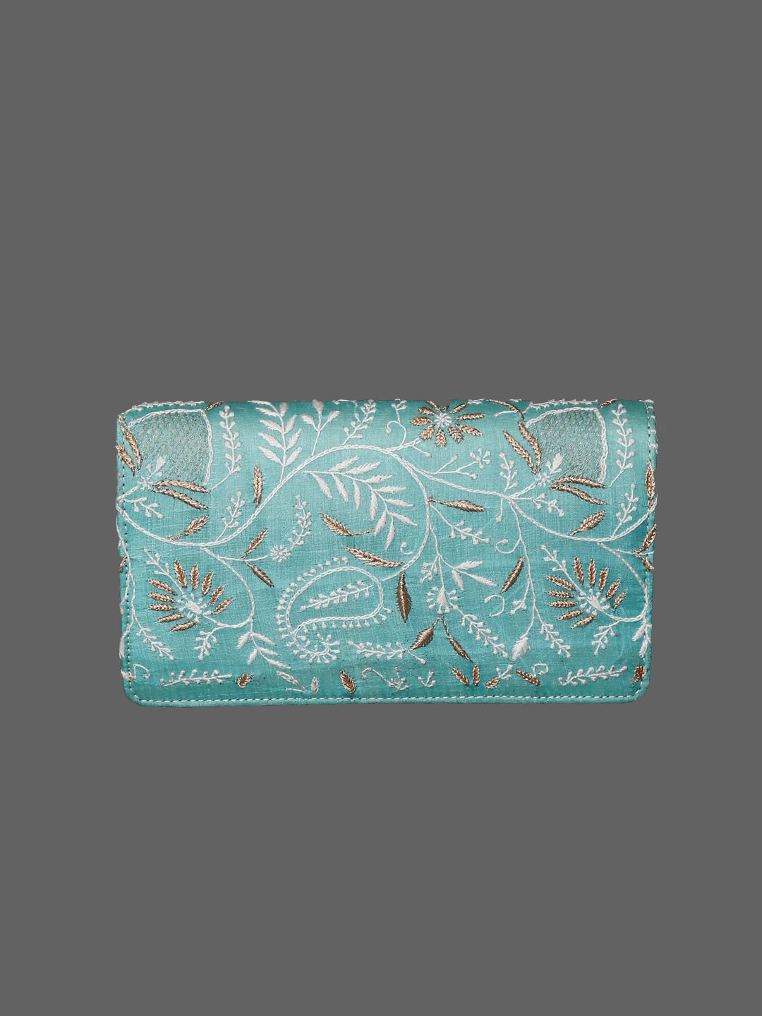Ada Hand Embroidered Cyan Blue Silk Lucknowi Chikankari Clutch Handbag With Zari Work 01A377949