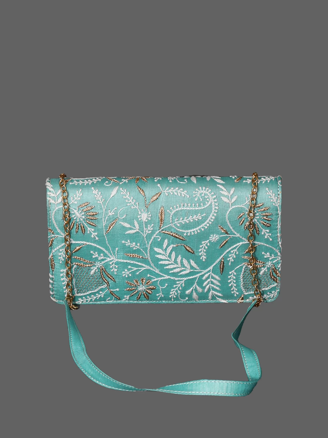 Ada Hand Embroidered Cyan Blue Silk Lucknowi Chikankari Clutch Handbag With Zari Work 01A377949