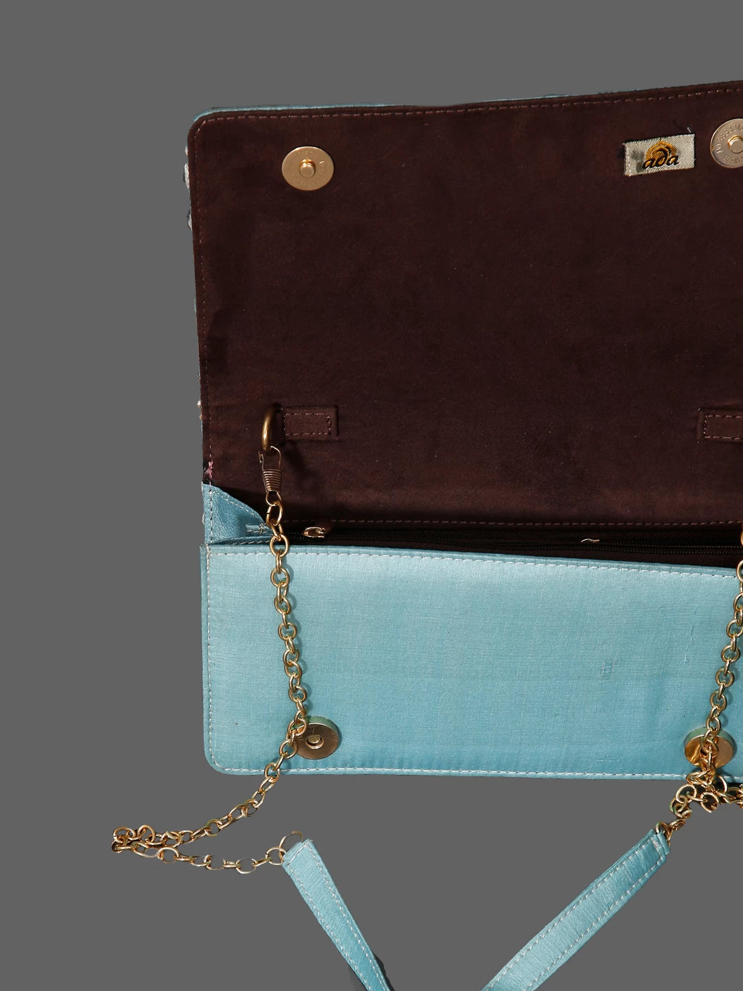 Ada Hand Embroidered Cyan Blue Silk Lucknowi Chikankari Clutch Handbag With Zari Work 01A377949