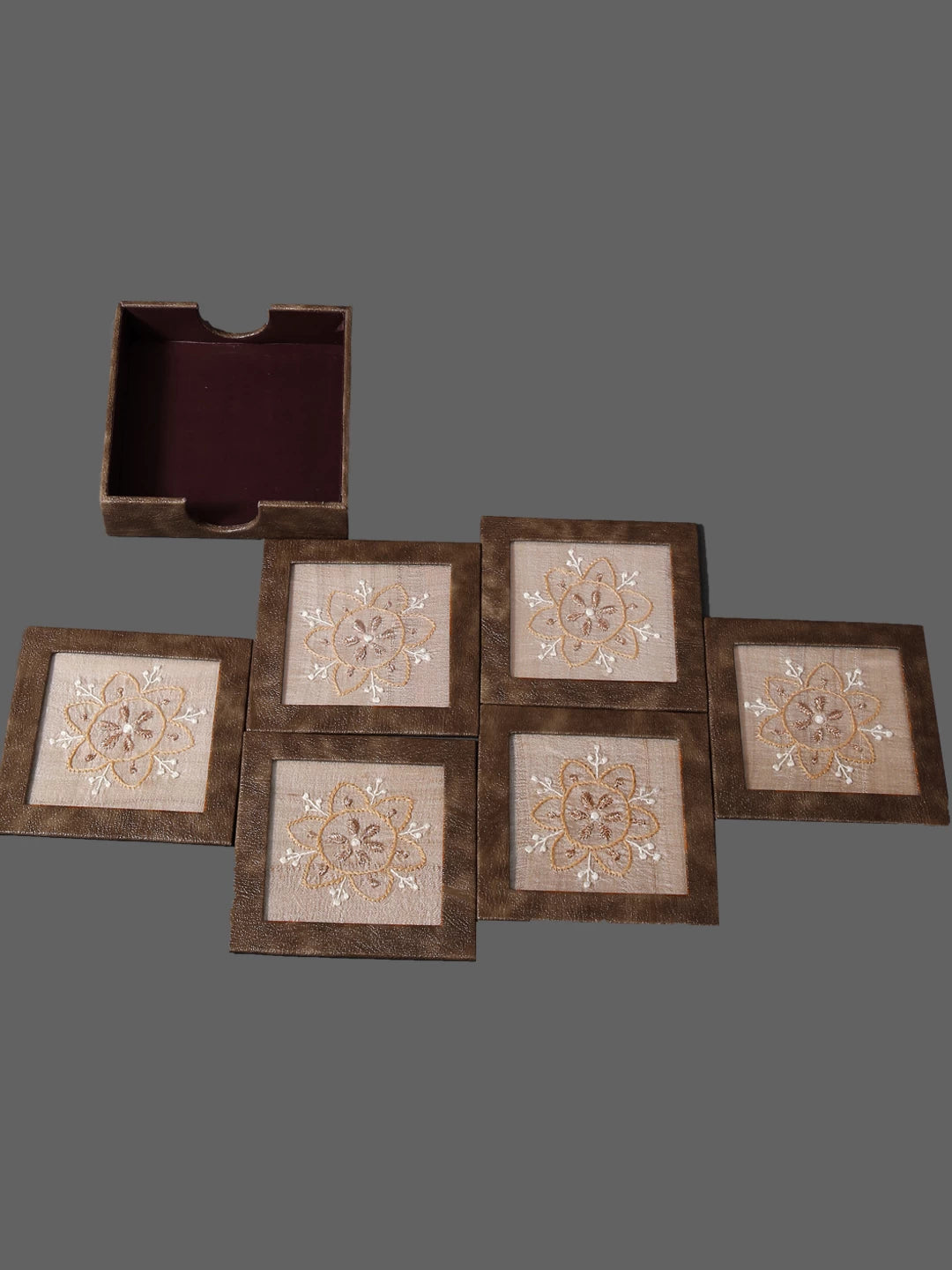 Ada Hand Embroidered Natural Fawn Silk Lucknowi Chikankari Table Coaster With Zari Work 01A135025