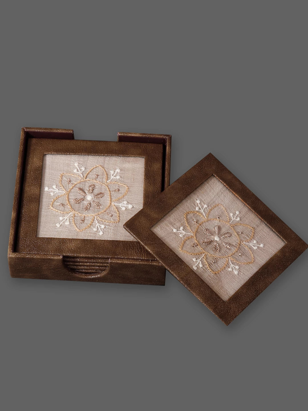 Ada Hand Embroidered Natural Fawn Silk Lucknowi Chikankari Table Coaster With Zari Work 01A135025