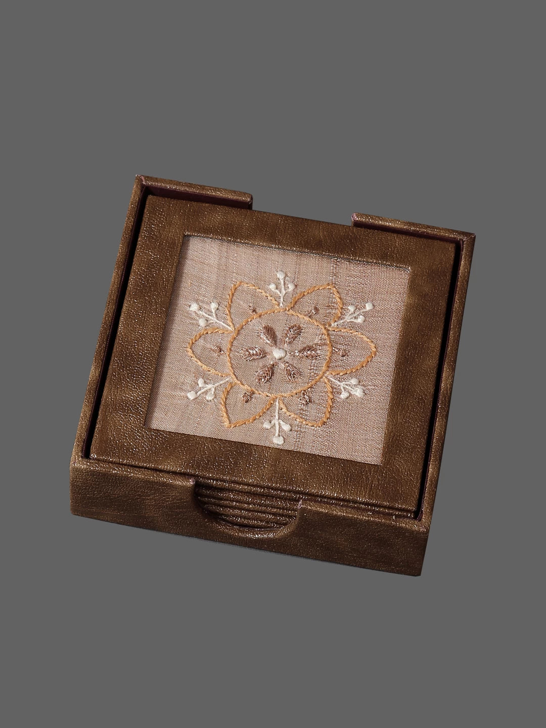 Ada Hand Embroidered Natural Fawn Silk Lucknowi Chikankari Table Coaster With Zari Work 01A135025