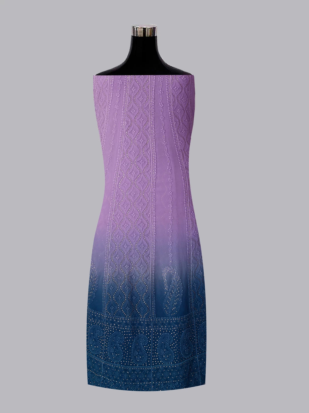 Ada Hand Embroidered Mauve And Blue Ombre shade Georgette Lucknowi Chikankari Semi-Stitched Anarkali Kurta Dupatta Set With Mukaish Work 01A302563