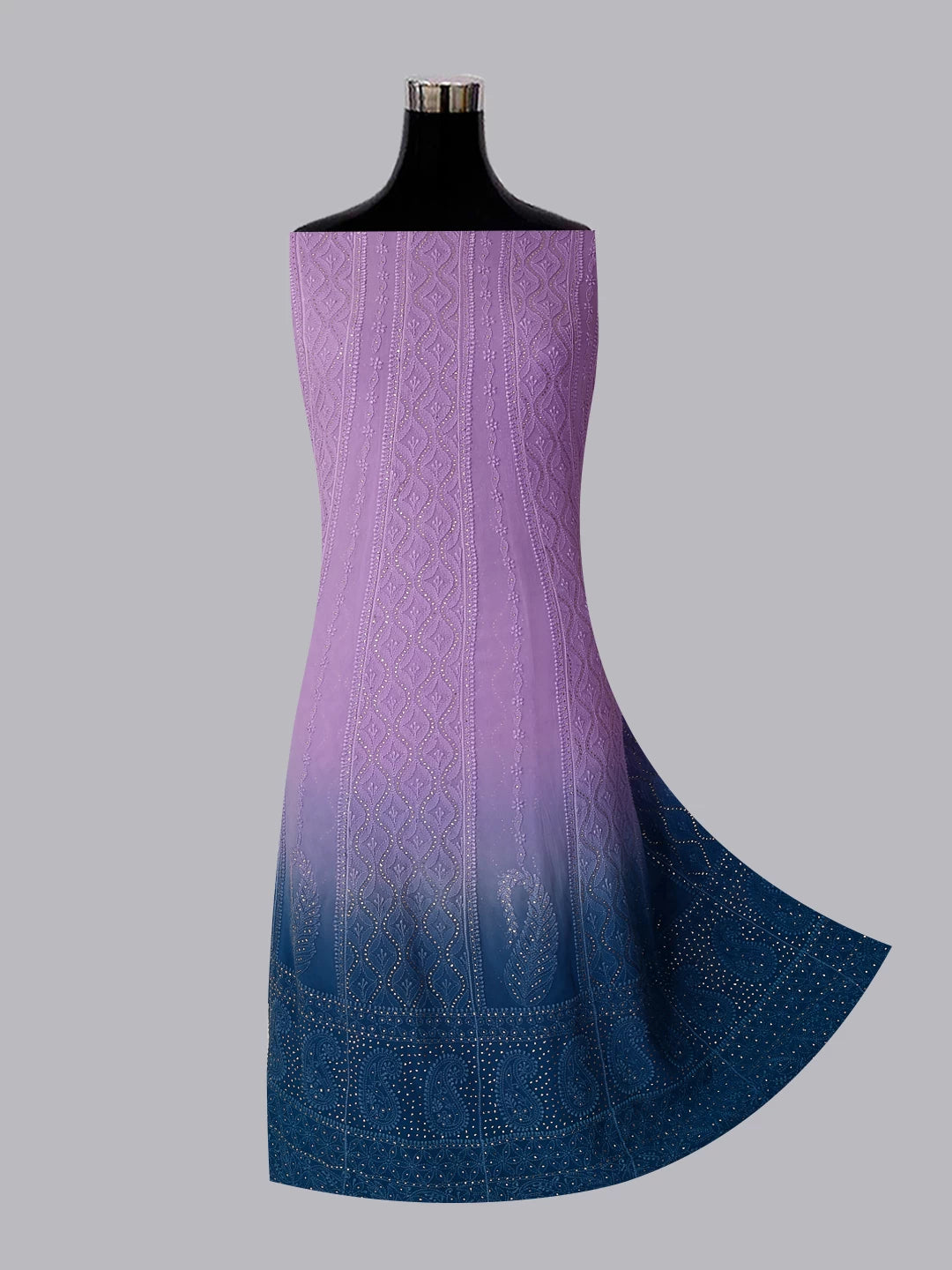 Ada Hand Embroidered Mauve And Blue Ombre shade Georgette Lucknowi Chikankari Semi-Stitched Anarkali Kurta Dupatta Set With Mukaish Work 01A302563