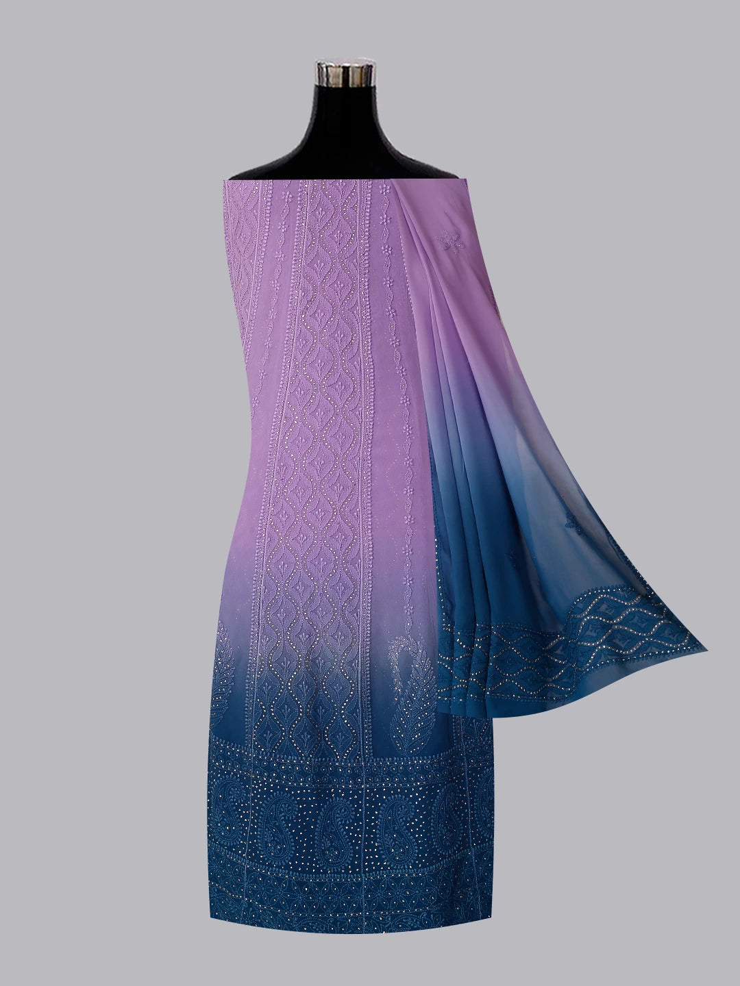 Ada Hand Embroidered Mauve And Blue Ombre shade Georgette Lucknowi Chikankari Semi-Stitched Anarkali Kurta Dupatta Set With Mukaish Work 01A302563
