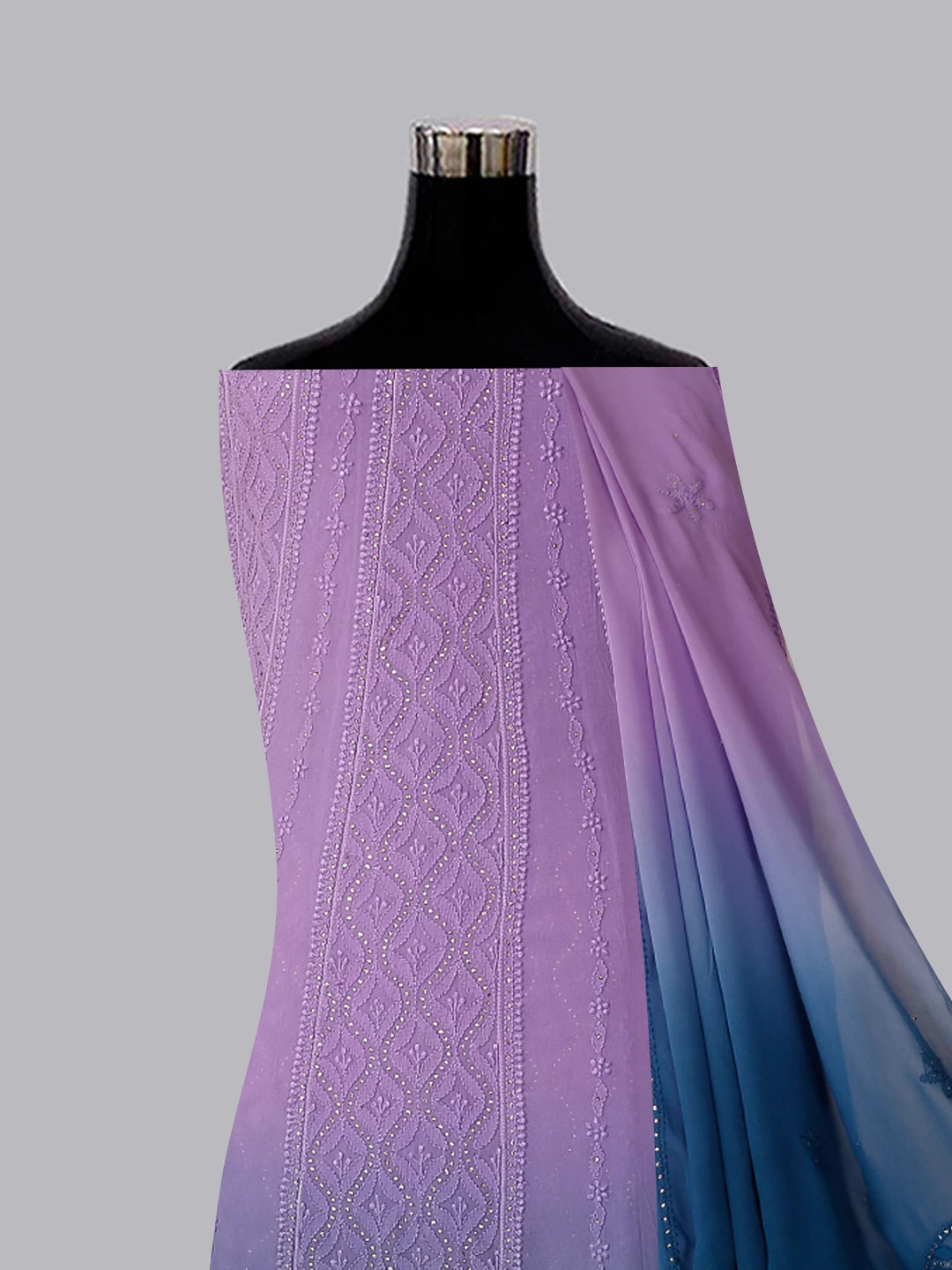 Ada Hand Embroidered Mauve And Blue Ombre shade Georgette Lucknowi Chikankari Semi-Stitched Anarkali Kurta Dupatta Set With Mukaish Work 01A302563