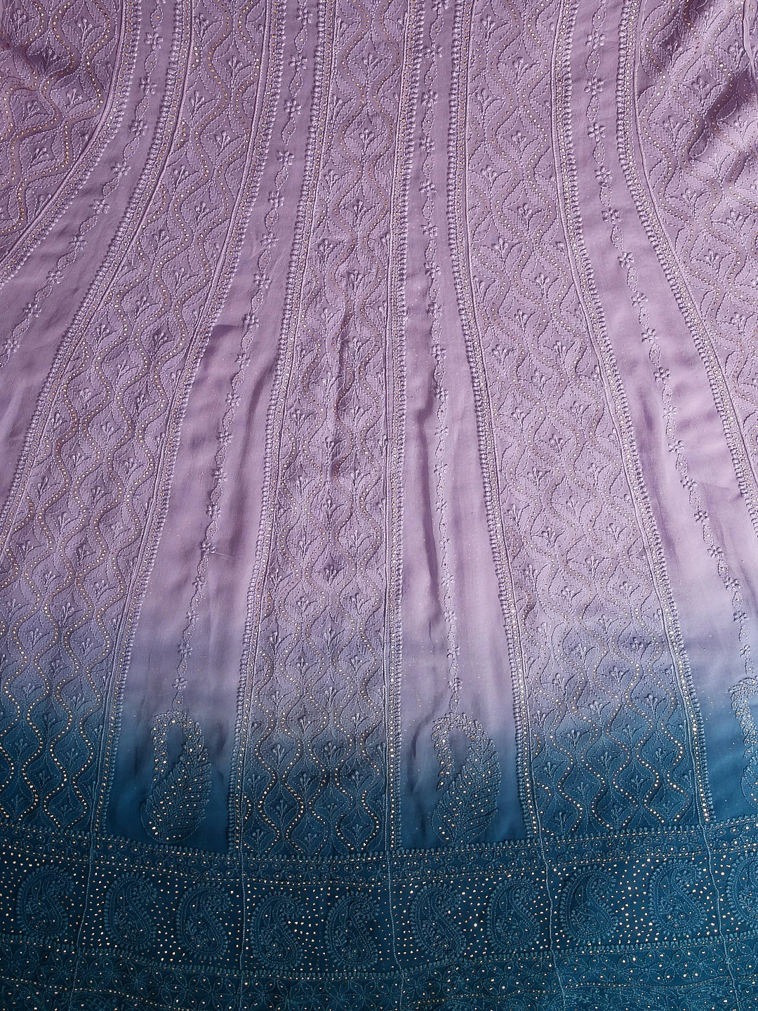 Ada Hand Embroidered Mauve And Blue Ombre shade Georgette Lucknowi Chikankari Semi-Stitched Anarkali Kurta Dupatta Set With Mukaish Work 01A302563
