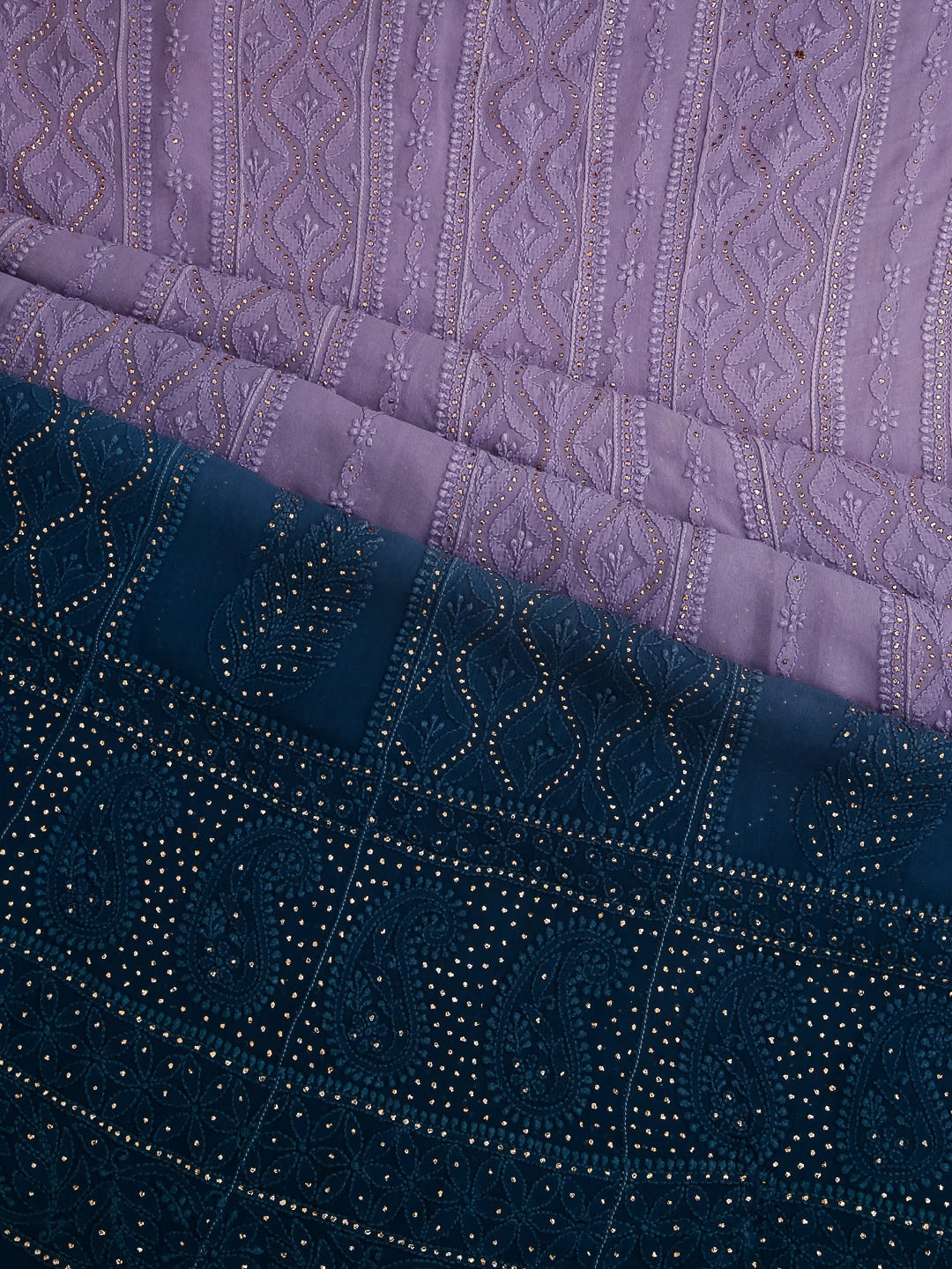 Ada Hand Embroidered Mauve And Blue Ombre shade Georgette Lucknowi Chikankari Semi-Stitched Anarkali Kurta Dupatta Set With Mukaish Work 01A302563