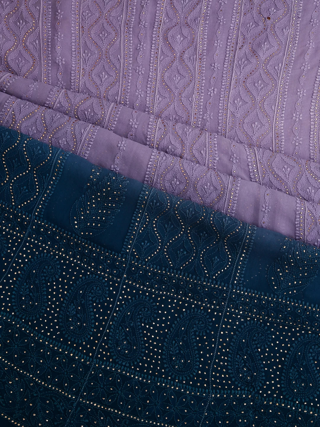 Ada Hand Embroidered Mauve And Blue Ombre shade Georgette Lucknowi Chikankari Semi-Stitched Anarkali Kurta Dupatta Set With Mukaish Work 01A302563