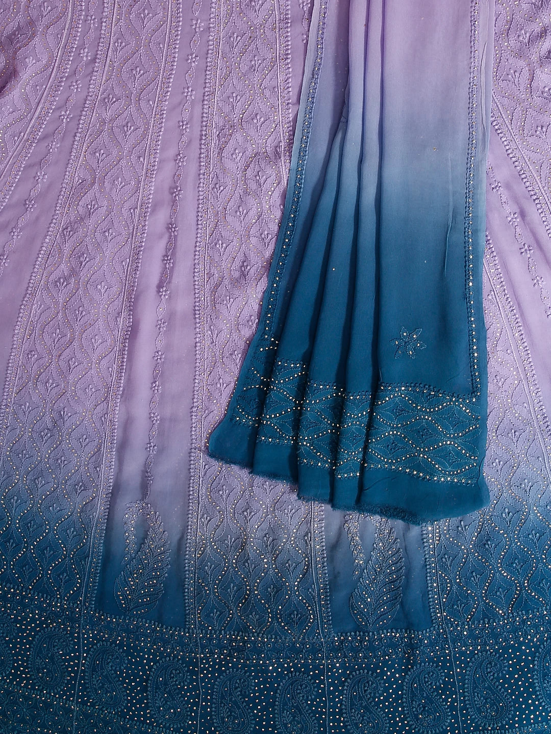 Ada Hand Embroidered Mauve And Blue Ombre shade Georgette Lucknowi Chikankari Semi-Stitched Anarkali Kurta Dupatta Set With Mukaish Work 01A302563