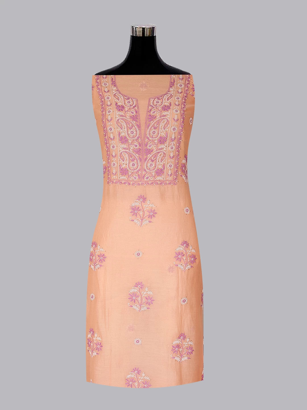 Ada Hand Embroidered Peach Chanderi Lucknowi Chikankari Unstitched Kurta Dupatta Set With Muqaish Work 01A395844
