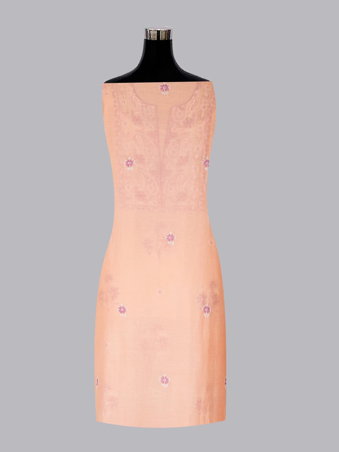 Ada Hand Embroidered Peach Chanderi Lucknowi Chikankari Unstitched Kurta Dupatta Set With Muqaish Work 01A395844