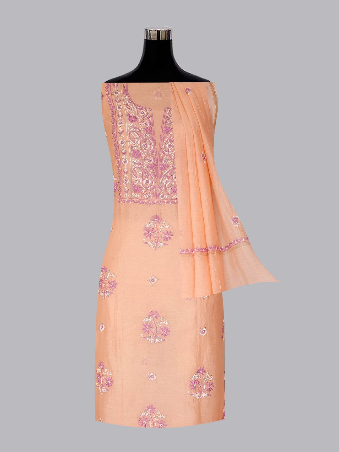 Ada Hand Embroidered Peach Chanderi Lucknowi Chikankari Unstitched Kurta Dupatta Set With Muqaish Work 01A395844