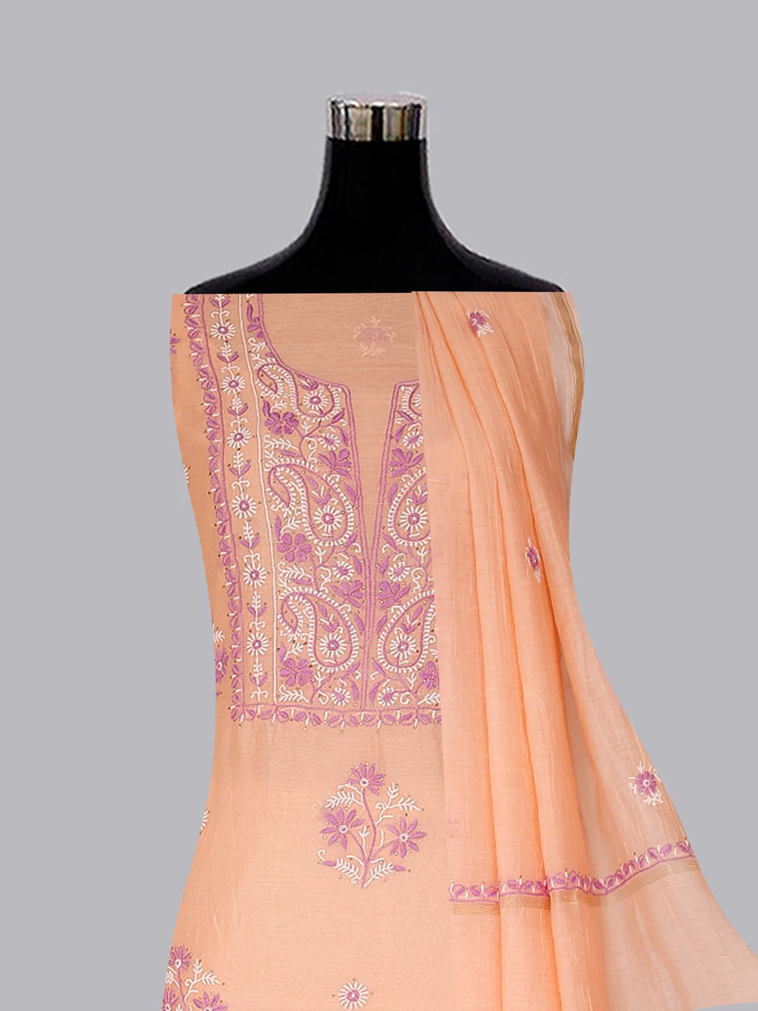 Ada Hand Embroidered Peach Chanderi Lucknowi Chikankari Unstitched Kurta Dupatta Set With Muqaish Work 01A395844