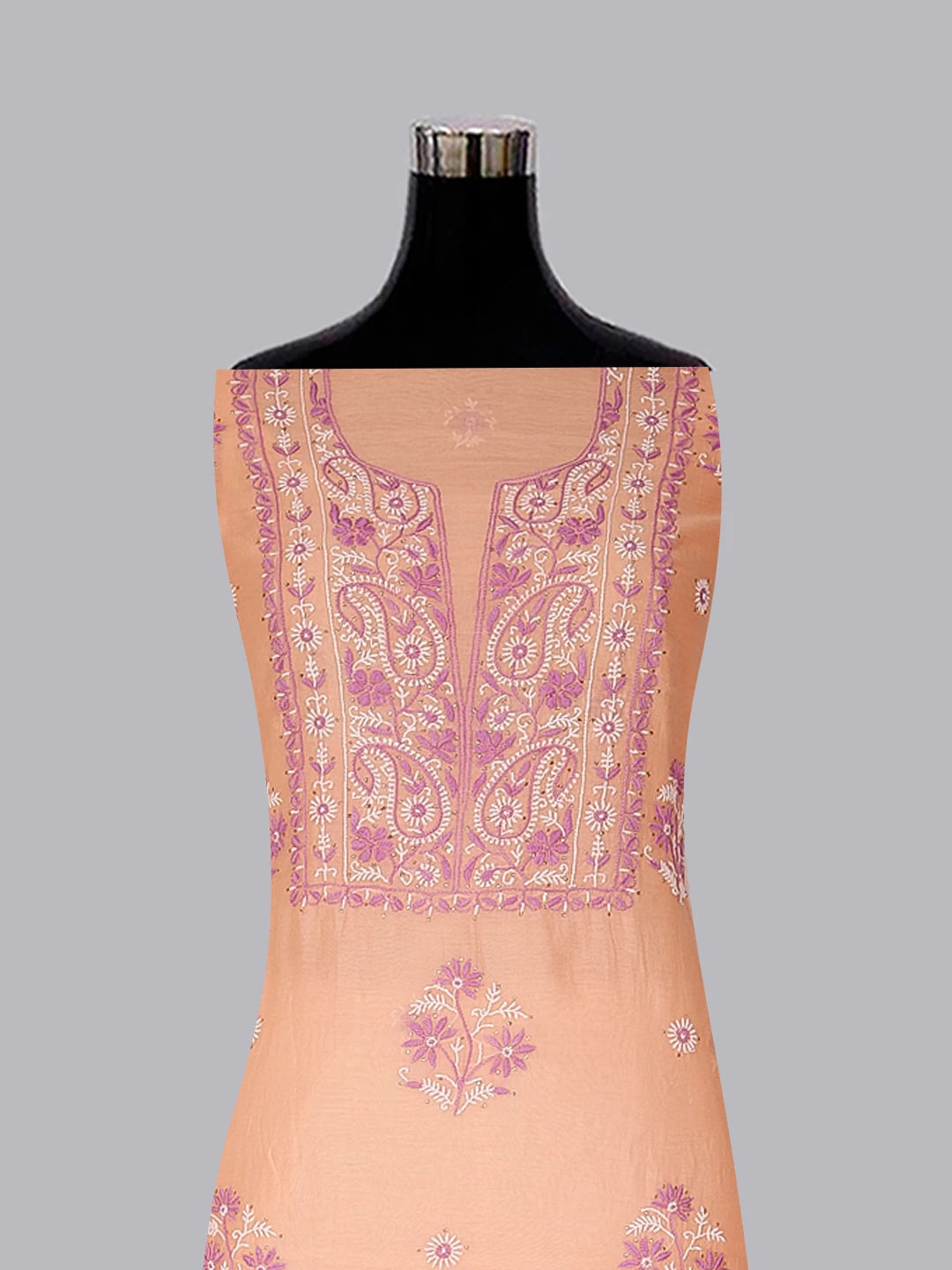 Ada Hand Embroidered Peach Chanderi Lucknowi Chikankari Unstitched Kurta Dupatta Set With Muqaish Work 01A395844