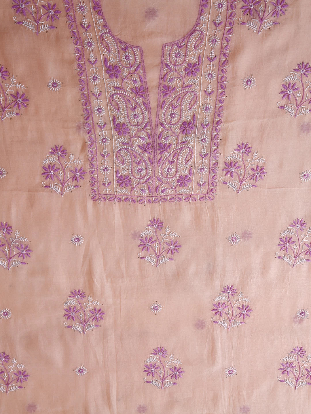 Ada Hand Embroidered Peach Chanderi Lucknowi Chikankari Unstitched Kurta Dupatta Set With Muqaish Work 01A395844