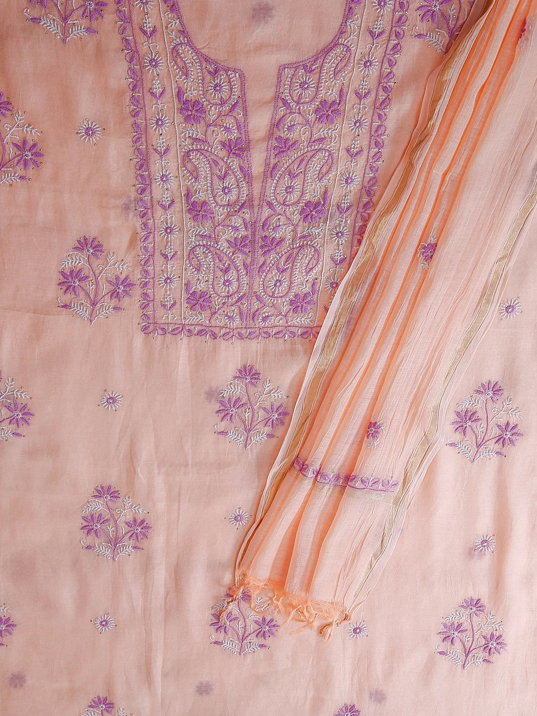 Ada Hand Embroidered Peach Chanderi Lucknowi Chikankari Unstitched Kurta Dupatta Set With Muqaish Work 01A395844
