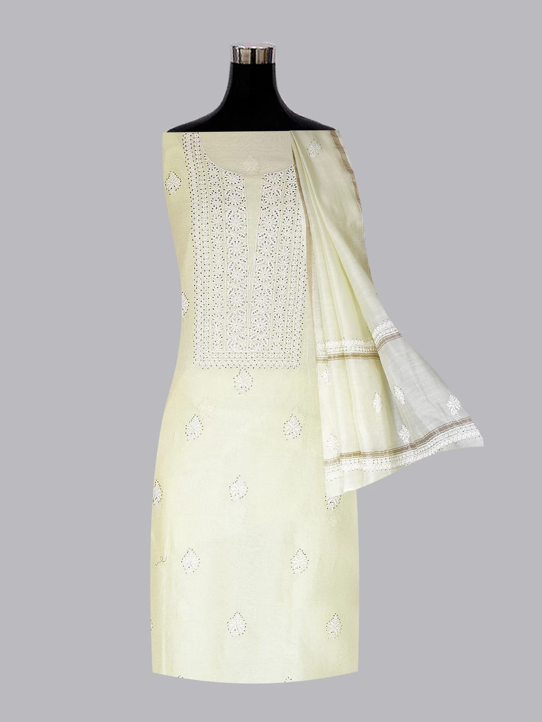 Ada Hand Embroidered Lemon Chanderi Lucknowi Chikankari Unstitched Kurta Dupatta Set With Mukaish Work 01A245855