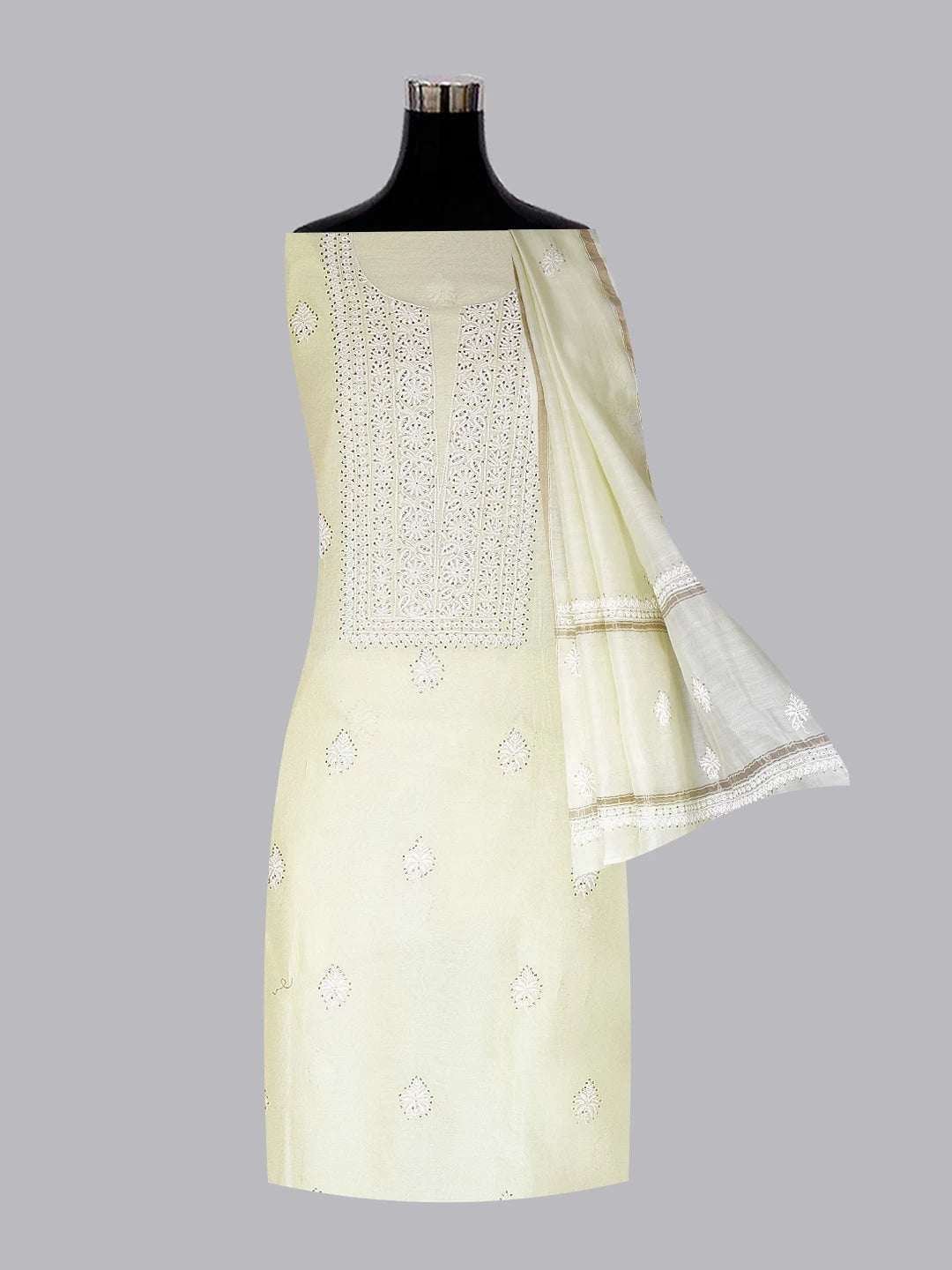 Ada Hand Embroidered Lemon Chanderi Lucknowi Chikankari Unstitched Kurta Dupatta Set With Mukaish Work 01A245855