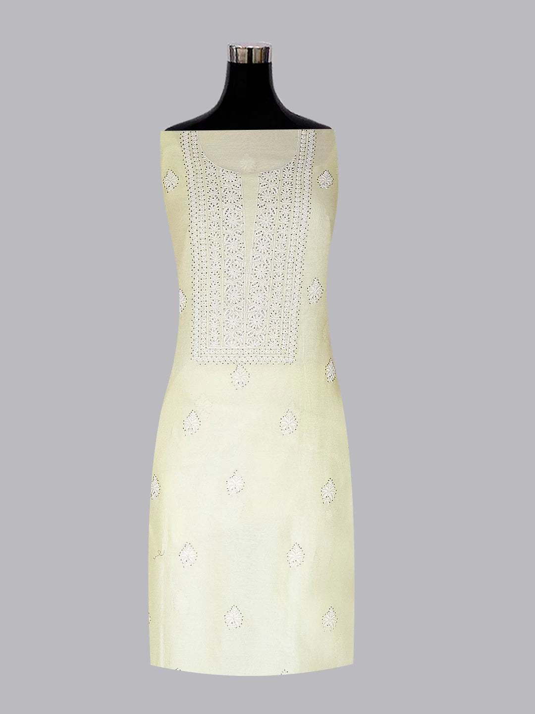Ada Hand Embroidered Lemon Chanderi Lucknowi Chikankari Unstitched Kurta Dupatta Set With Mukaish Work 01A245855