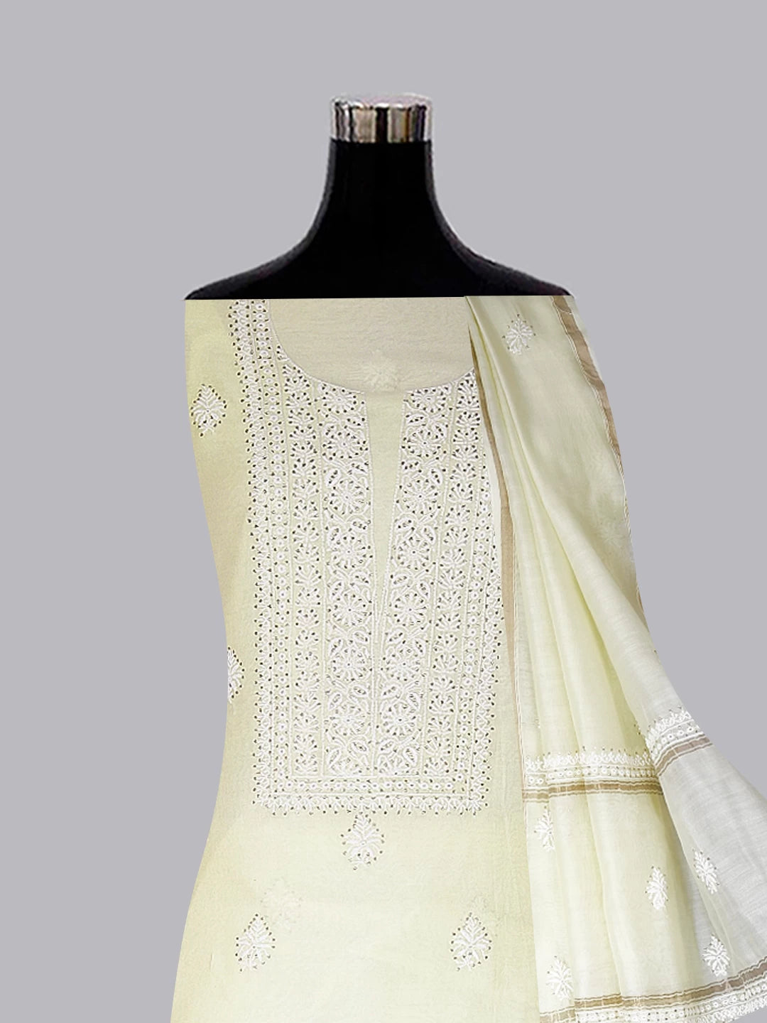 Ada Hand Embroidered Lemon Chanderi Lucknowi Chikankari Unstitched Kurta Dupatta Set With Mukaish Work 01A245855
