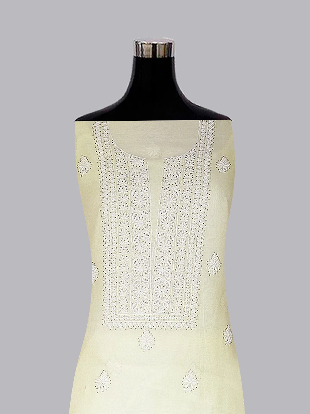 Ada Hand Embroidered Lemon Chanderi Lucknowi Chikankari Unstitched Kurta Dupatta Set With Mukaish Work 01A245855