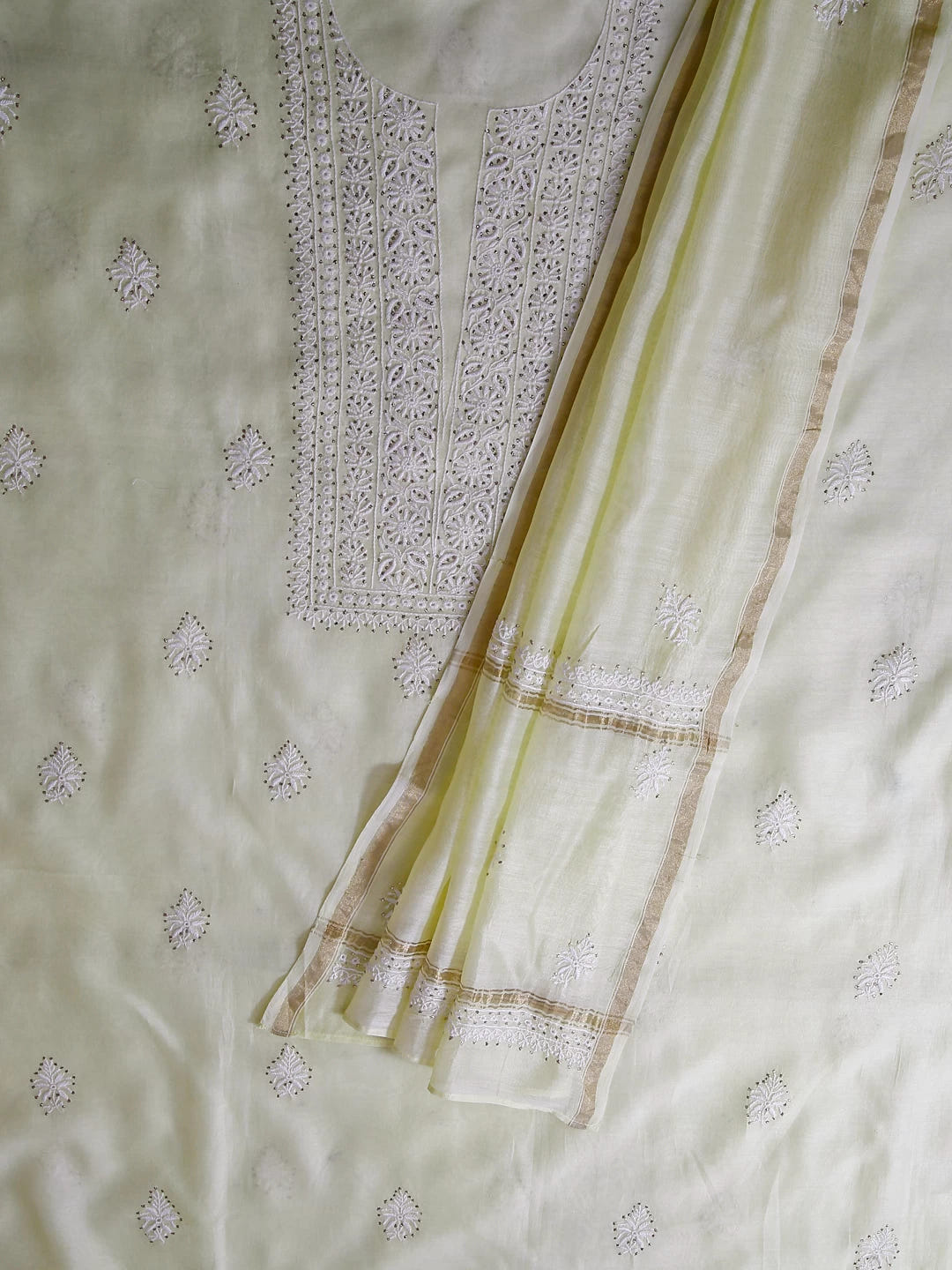 Ada Hand Embroidered Lemon Chanderi Lucknowi Chikankari Unstitched Kurta Dupatta Set With Mukaish Work 01A245855